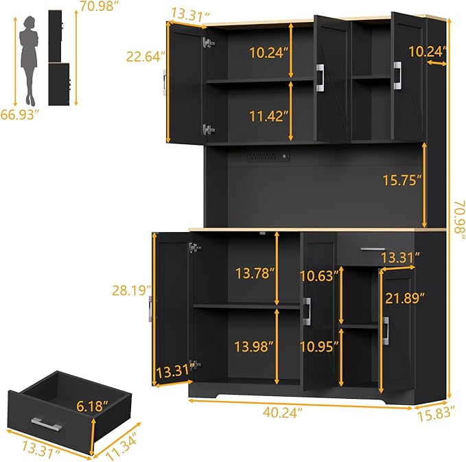 71'' Tall Kitchen Pantry Cabinet w/Power Outlet, Farmhouse Kitchen Storage Cabinet Freestanding Hutch w/Drawer, 4 Adjustable Shelf & 6 Doors for Dining (Black, 71?섃섽 x 40.24''W x15.28''D)
