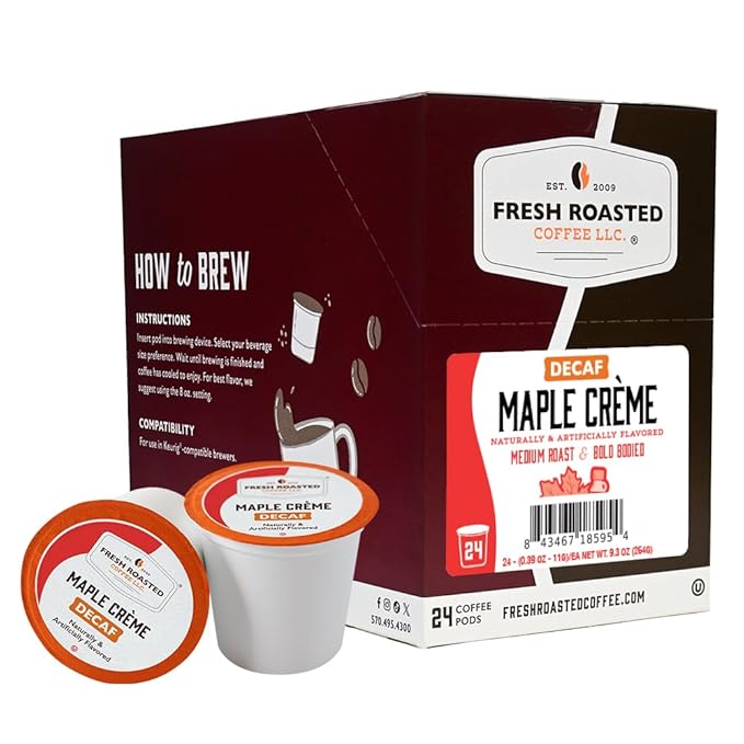 Fresh Roasted Coffee, Decaf Maple Cr챔me, Flavored Coffee Pods, 24 Count
