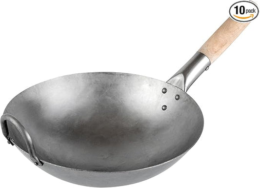 Restaurantware-Motomori 12 Inch Hand-Hammered Carbon Steel Woks, 10 Traditional Japanese Woks - Round Bottom, Wooden Handle, Black Carbon Steel Traditional Stir Fry Pans, With Helper Handle