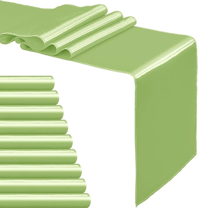 10-Pack Green Satin Table Runner 12 x 108 Inch Long Bright and Smooth Silk Fabric Table Runner for Wedding Banquet Birthday Party Decoration