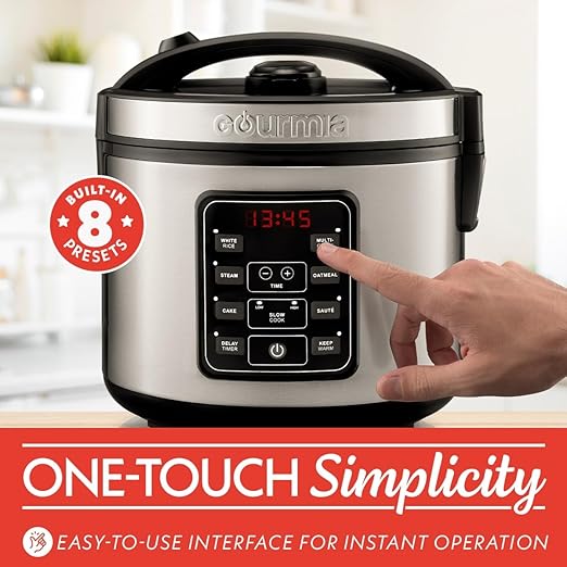 Gourmia Rice Cooker ??5 Qt Capacity, 20 Cup Cooked, 10 Cup Uncooked, Digital Controls, 6 Cooking Presets, Grain Cooker & Steamer, Nonstick Pot, Steam Tray, Delay Timer, Keep Warm, Stainless Steel