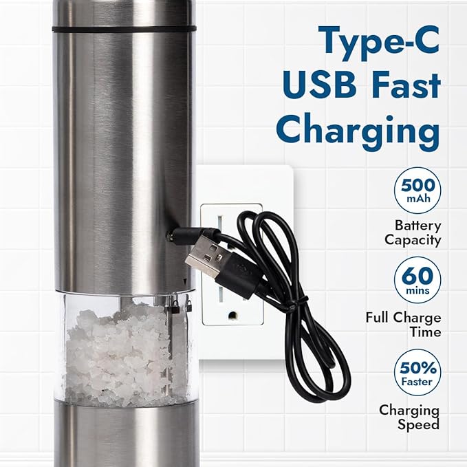 Electric Salt & Pepper Grinder Set ??USB-C Rechargeable Stainless-Steel Mills & Shakers with LED Light, Adjustable Ceramic Grinders & Acrylic Rest Tray
