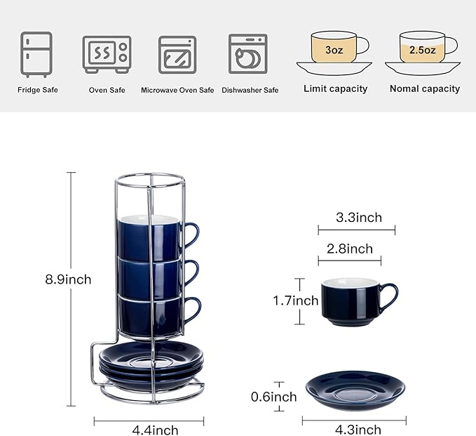 2.5oz Espresso Cups Set of 4, Small Stackable Coffee Cups with Saucers and Metal Stand, Ceramic Demitasse Cups, Cappuccino Cups for Coffee Drinks, Latte, Blue