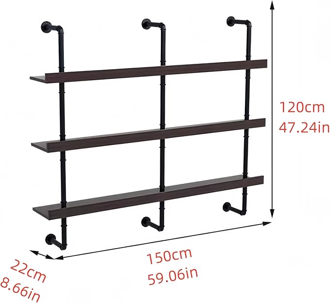 59 Inch Large Wall Mounted Wine Rack, 3 Tier Industrial Pipe Shelf Rustic Wood Floating Shelves, Wall Bar Shelves for Liquor Bottles Display Storage Organizer for Dining Room(Walnut, No Lights)