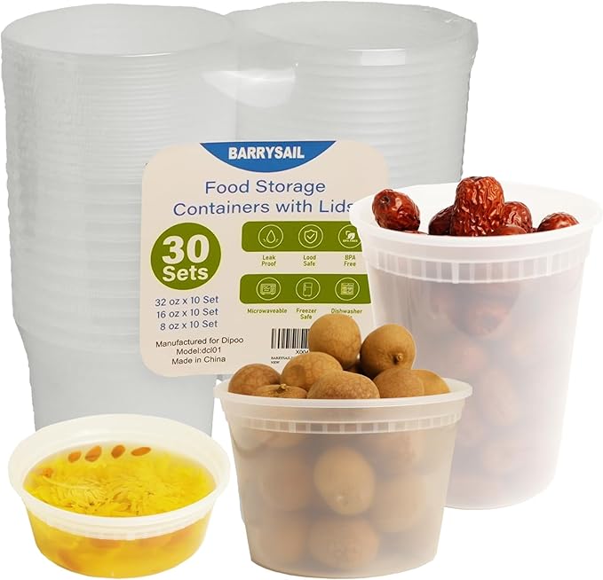 Disposable Food Storage Containers with Lids, BPA-Free, Leakproof, Microwave, Dishwasher and Freezer Safe, Perfect for Everything from Dips and Sauces to Fruits and Full Meals (30PCS)