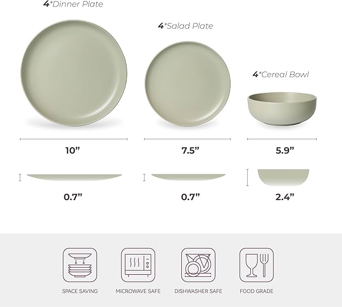 Furrnook 12-Piece Stoneware Dinnerware Set with Mugs | Microwave and Dishwasher Friendly | Stackable Matte Glaze Plates & Bowls | Service for 4