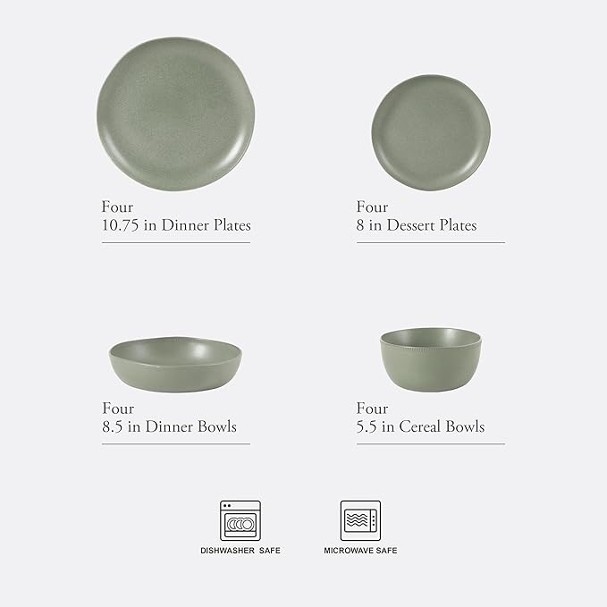 Gibson Elite Menlo Park 16-Piece Pottery Clay Stoneware Dinnerware Set ??Green Reactive Glaze, Organic Shape Embossed Plates and Bowls W/Pasta Bowl, Service for 4 ??Microwave & Dishwasher Safe