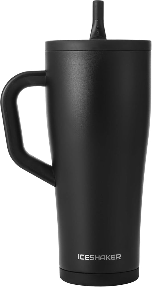 Ice Shaker 32 oz Tumbler with Handle and Straw | 32oz Black | Cold for 30+ Hours | 2-in-1 Tumbler Shaker Bottle | Odor-Free 32 ounce Bottle for Water, Protein Shakes, Smoothies, Cocktails