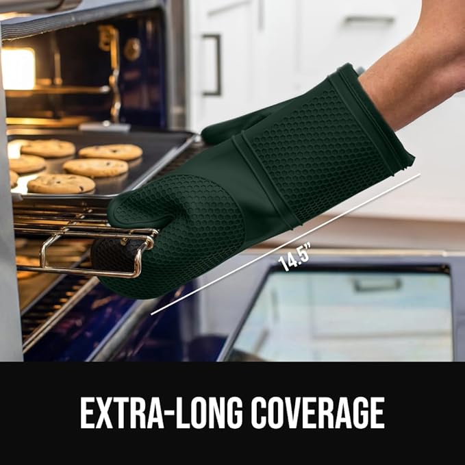 GORILLA GRIP BPA-Free Soft Silicone Oven Mitts, 14.5x8.3, Heat Resistant and Waterproof Cooking Gloves, Thick Cotton Lining, Flexible Gripping for Baking Grilling, Kitchen Potholders Set, Hunter Green