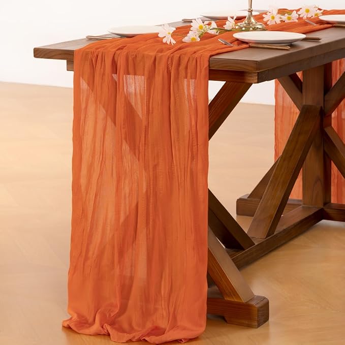 Socomi Orange Valentine's Day Cheesecloth Table Runner Boho Rustic Gauze 120 inch 10FT Cheese Cloth Runner for Wedding Party Baby Shower Birthday Home Decor Holiday Decorations
