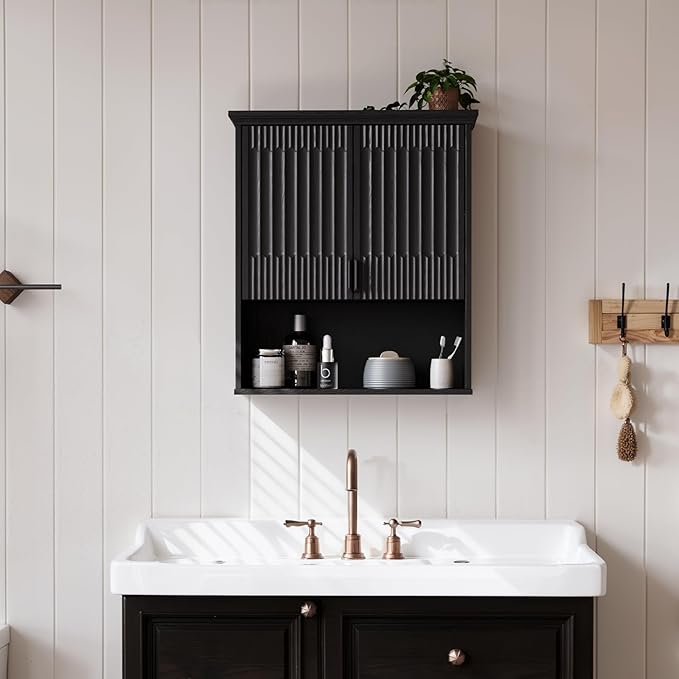 FLOWBACK BlackBathroom Wall Cabinet Over The Toilet Storage, 23.5횞31.4 Inch Wall Mounted Medicine Cabinet for Bathroom with Adjustable Shelf and Door, Wood Cabinet for Laundry Room, Bedroom Kitchen