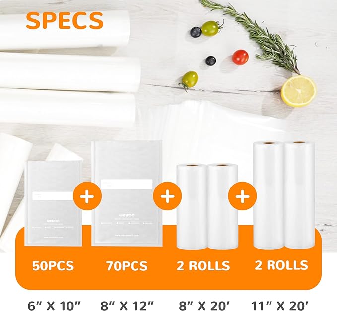 All-in-One Variety Pack Vacuum Sealer Bags & Rolls ??50x 6''x10'', 70x 8''x12'', 2 Rolls 11''x20', 2 Rolls 8''x20' ??Premium Commercial-Grade for Food Storage, Meal Prep, & Sous Vide, Wevac