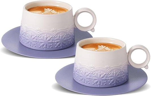 ZENS 7.3 Ounce Cappuccino Cups Set of 2, Artistic Embossed Ceramic Cappuccino Mugs and Saucers, Double Espresso Cups Set of 2 for Au Lait, Cafe Mocha or Matcha Latte or Tea, Pale Purple