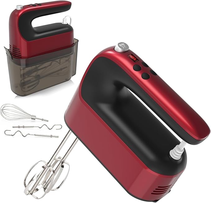 9-Speed Digital Hand Mixer Electric, 400W Powerful DC Motor, Baking Handheld with Snap-On Storage Case, 5 Stainless Steel Accessories, Flat Beaters, Dough Hooks, Whisk(Red)