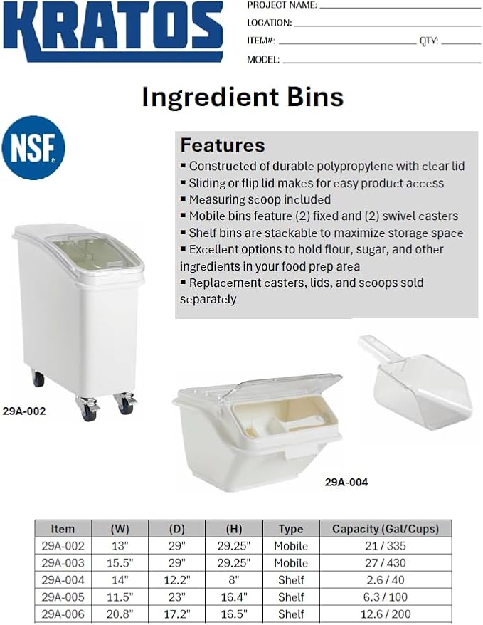 Ingredient Bin - 6.3 Gallon/100 Cup Capacity - Holds Up To 44 lbs. of Sugar or 30 lbs. of Flour - NSF (29A-005)
