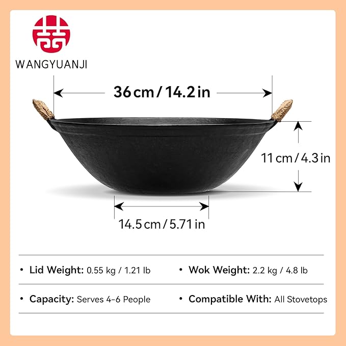 WANGYUANJI 14.2 inch Flat-Bottom Cast Iron Wok Pan with Lid, Dual Handles, Traditional Handcrafted Chinese Wok, Coating-Free, Not Pre-Seasoned ??Works with Induction/Gas/Ceramic Cooktops