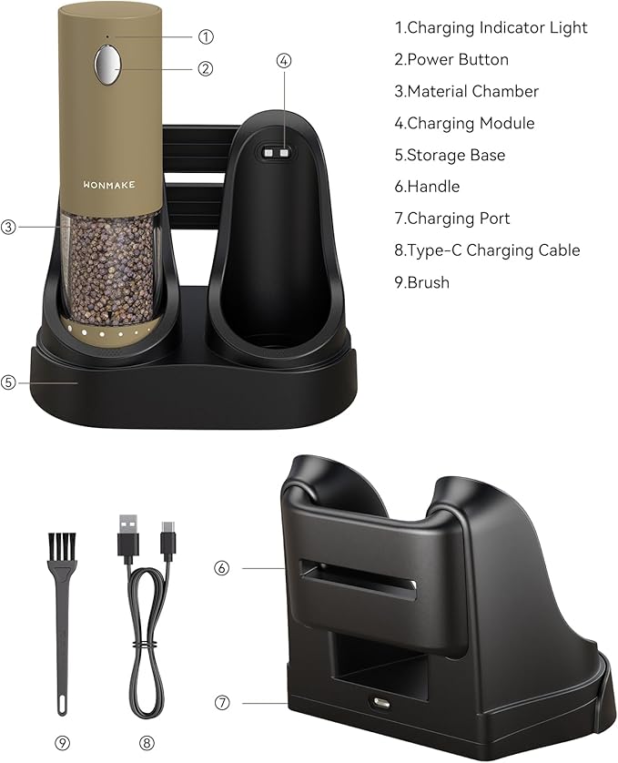 Electric Salt and Pepper Grinder Set - Automatic Refillable Salt and Pepper Grinders with Charging Base & LED Light, 6-Level Adjustable Coarseness with External Dial, Ideal Kitchen Gadget竊똁rown