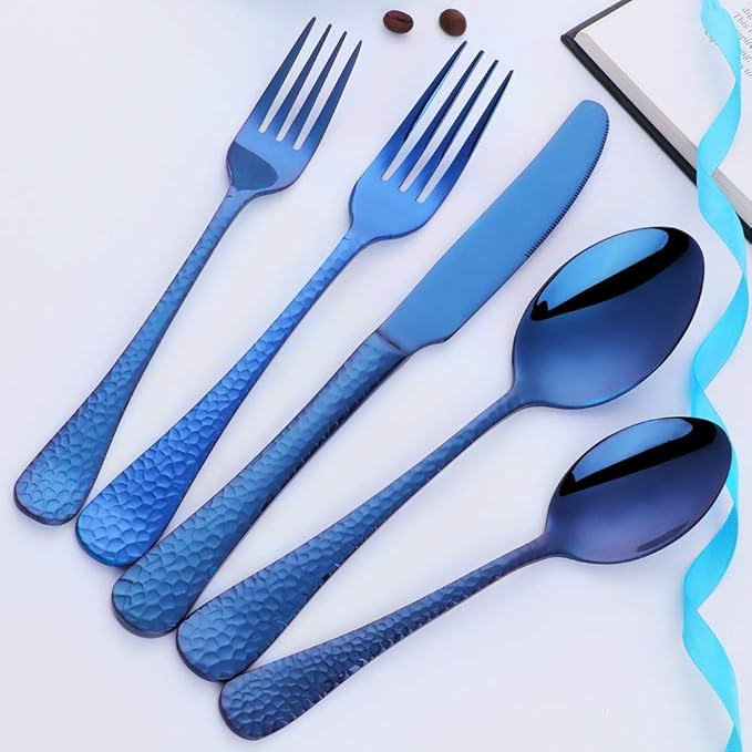 5-Piece Blue Silverware Flatware Set Service for 1 Stainless Steel Cutlery Set Include Dinner Knife Table Fork Table Spoon Salad Fork Tea Spoon for Wedding, Dishwasher Safe