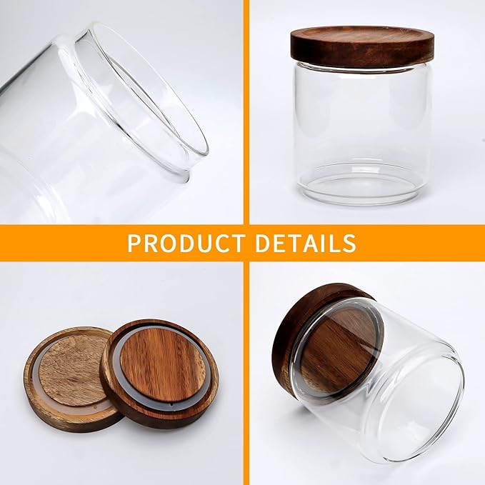 Flrolove Glass Canisters With Wooden Lids Kitchen Jars for Storage,Tea,Sugar and Coffee Container Set,Set of 5 Canisters for Candy, Cookie, Rice and Spice Jars