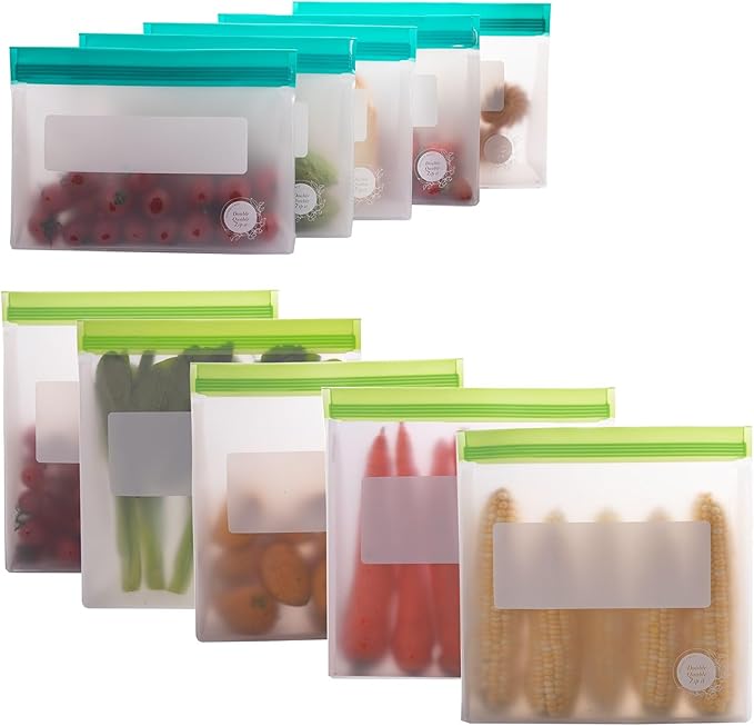 Reusable Food Storage Bags ??10-Pack Stand-Up, BPA-Free, Freezer, Dishwasher Safe & Eco-Friendly ??5 Gl, 5 L Bags ??Airtight Leakproof Ziplock Bags for Kitchen Storage (Multicolor)