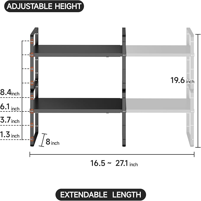 2Pack 16.5-27?쇺셂 Expandable Cabinet Shelf Organizers, Stackable Metal Shelves Extender for Kitchen Countertop Storage, Adjustable Spices Shelves Rack Stand for Cupboard Pantry, Black