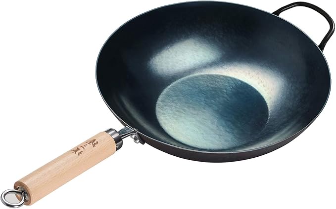 ?삡툒??ZhenSanHuan HandHammered Iron Wok Flat Bottom Induction Suitable (34CM Wood Handle with Help)