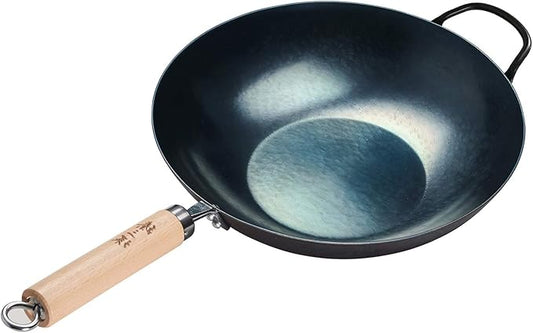 ?삡툒??ZhenSanHuan HandHammered Iron Wok Flat Bottom Induction Suitable (34CM Wood Handle with Help)