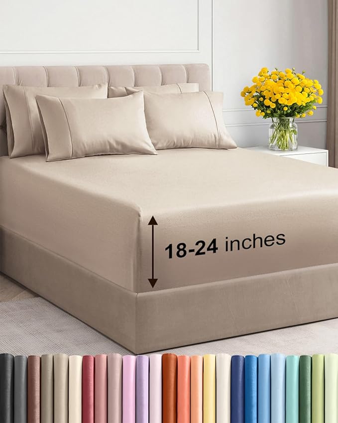 Extra Deep Queen Sheet Set - 6 Piece Breathable and Cooling Sheets - Hotel Luxury Bed Sheets Set - Easy & Secure Fit - Soft, Wrinkle Free and Comfy Sheets Set - Wheat Sheet Set with Extra Deep Pockets