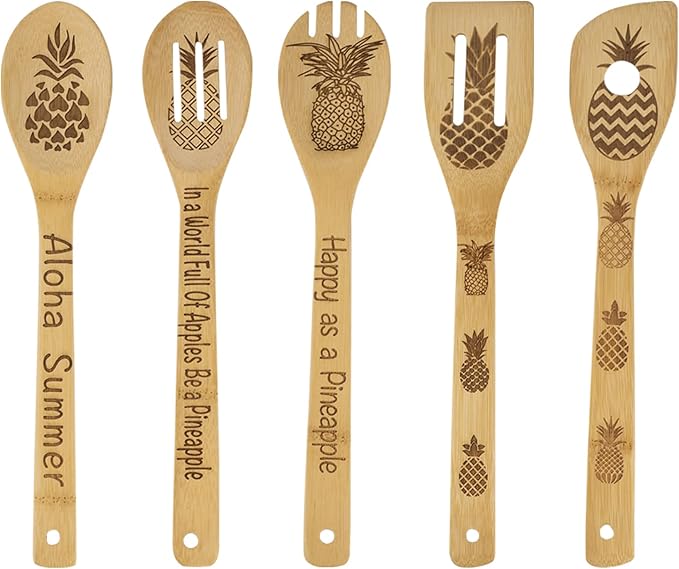 5Pcs Pineapple Wooden Cooking Spoons,Pineapple Gifts,Pineapple Kitche Decor, Pineapple Carve Burned Bamboo Spoons,Pineapple Gifts for Women Housewarming wedding Birthday Mom Cooking Gifts