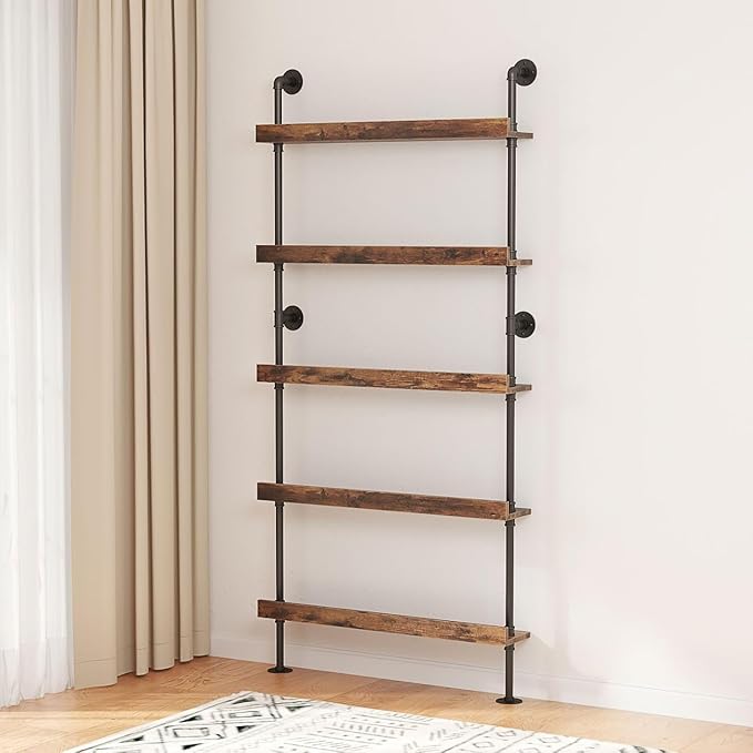 5-Tier Wall Mounted Wine Rack, Floating Bar Shelves, Liquor Bottle Shelf Display, Rustic Industrial Bar Shelf for Home Bar Dining Room Kitchen (23.6" W x 79" H x 8.6" D)