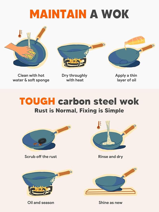 Carbon Steel Wok, 9.5" Deep Frying Pan With Lid, Flat Bottom Small Wok, 3-Qt. Saute Pan, Authentic Chinese Stir-Fry Pans with Glass Lid