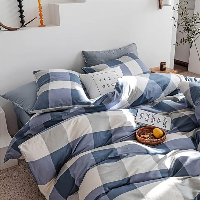 Plaid Comforter Set Full Modern Style Checkered Pattern Comforter for Men Boys Blue White Grey Geometric Comforter with 2 Pillowcases Soft Fluffy 3 Pieces Lightweight Bedding Set Full Comforter Set