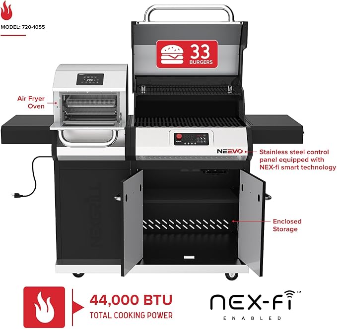 Neevo 44,000 BTU Liquid Propane Gas Grill with Built-in Air Fryer ??714.3 sq. in. Cooking Area, Smart Outdoor BBQ with Cast Iron Grates, App Connectivity & Electronic Controls, Model 720-1055