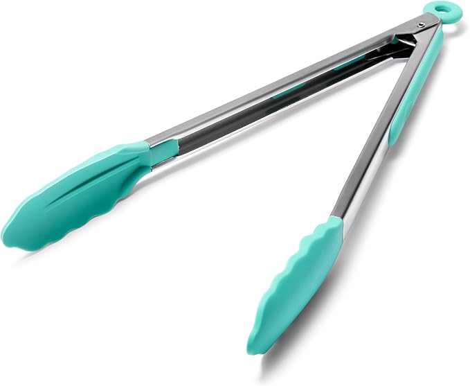 Doosu Kitchen Tongs for Cooking - 600째F Heat Resistant Food Tong with Non-Scratch Silicone Tips, Heavy Duty Stainless Steel Locking Tong for BBQ, Grilling Steak, Serving Salad, Pasta (12in, Aqua Sky)