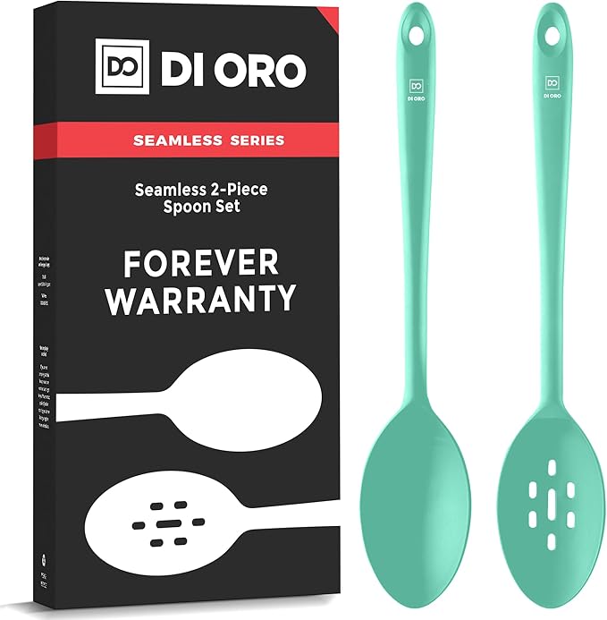 DI ORO Silicone Spoons for Cooking - Large Kitchen Spoons for Mixing, Serving, & Stirring - 600째F Heat-Resistant Non Stick Utensils ??Big Solid & Slotted Basting Spoons - Dishwasher Safe (2pc, Mint)