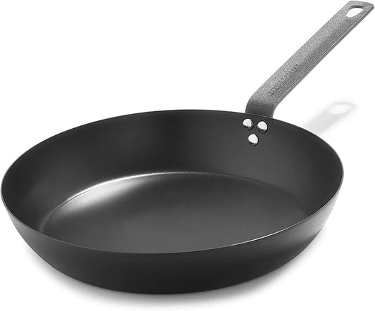 Merten & Storck Pre-Seasoned Carbon Steel 12??Frying Pan Skillet, Use on Induction, Stove and Grill, Durable, Even-Heating, for Searing, Grilling, Oven Use, and Campfire, Indoor/Outdoor