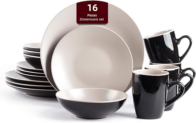 Stoneware Two-Tone Colors Life 16pc Dinner Set竊?Outside Shiny Black + Inside Matte Glaze Light Beige