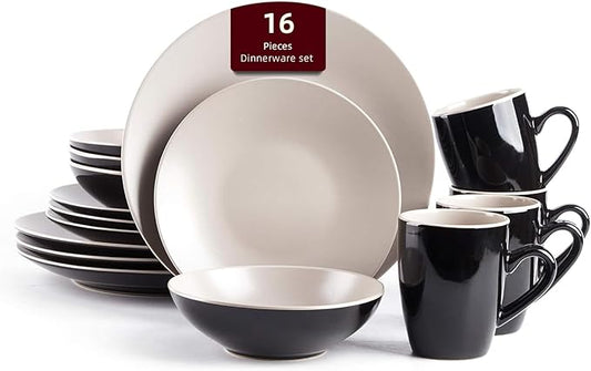 Stoneware Two-Tone Colors Life 16pc Dinner Set竊?Outside Shiny Black + Inside Matte Glaze Light Beige