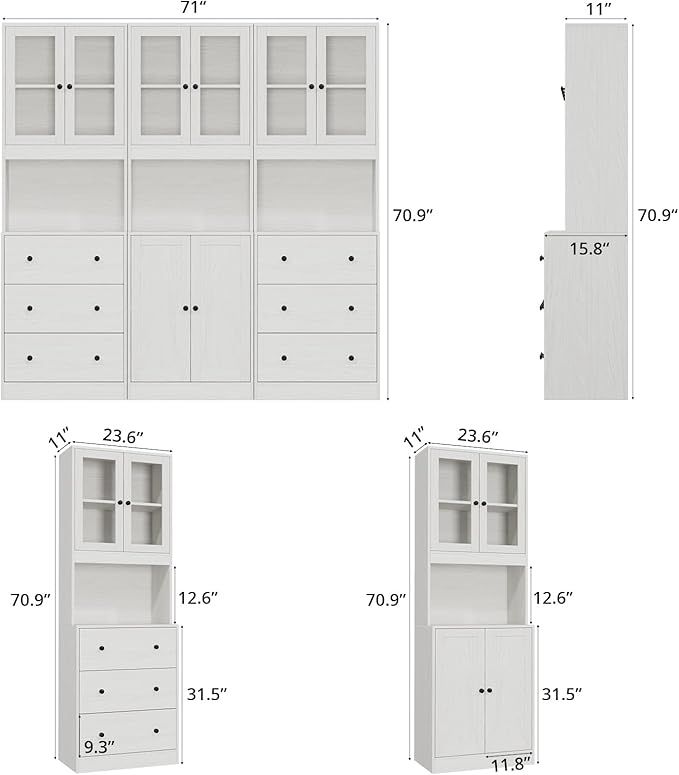 VOWNER 3PCS Bookshelf and Bookcase, 5-Tier Modern Bookshelves with 3 Large Drawer, Glass Display Cabinet with Lager Storage Shelf, Combination Storage Shelves for Home Office, White (BAB)