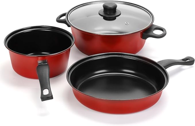 Non-Stick Cookware Set, Portable Lightweight Cast Iron Pots and Pans with Glass Lids and Nylon Utensils 4 Piece Set for Outdoor Camping Picnic Travel