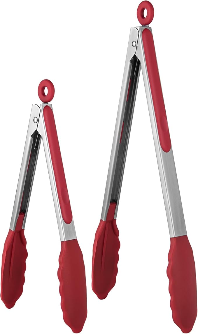 600쨘F Heat Resistant Kitchen Tongs: U-Taste 9+12 inch Silicone Cooking Tong Set with Firm Sealed Non Stick Rubber Tips and Silicon Coated 18/8 Stainless Steel Handle for Serving Grilling Salad(Red)