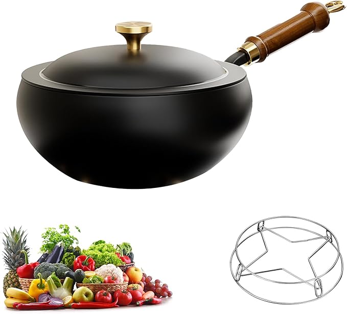 Japanese Frying Pan, Woks & Stir-Fry Pans with Stainless Steel Pot Support, Nonstick Wok, No Chemical Coated Flat Bottom Hand Hammered Chinese Wok For Gas (Iron lid, 26)