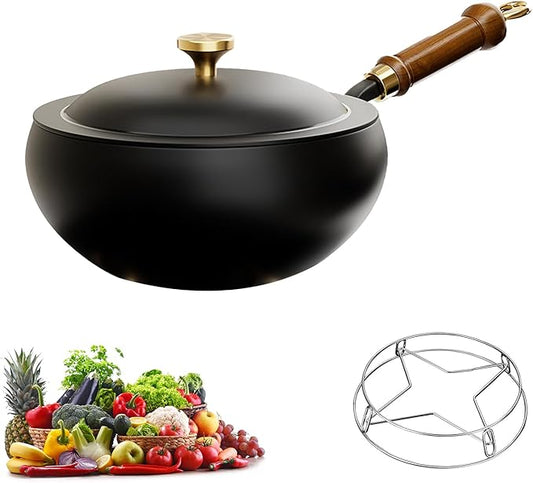 Japanese Frying Pan, Woks & Stir-Fry Pans with Stainless Steel Pot Support, Nonstick Wok, No Chemical Coated Flat Bottom Hand Hammered Chinese Wok For Gas (Iron lid, 26)