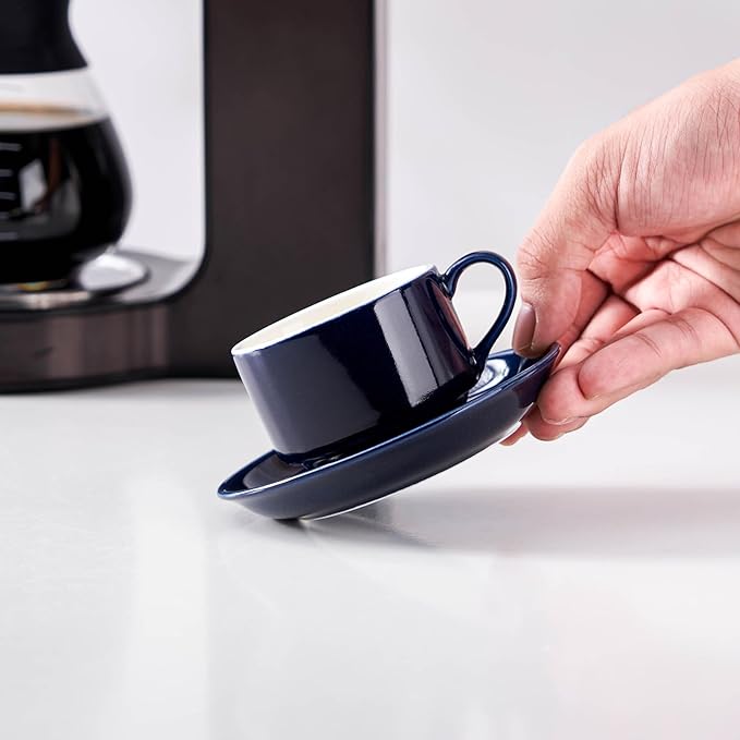 2.5oz Espresso Cups Set of 4, Small Stackable Coffee Cups with Saucers and Metal Stand, Ceramic Demitasse Cups, Cappuccino Cups for Coffee Drinks, Latte, Blue