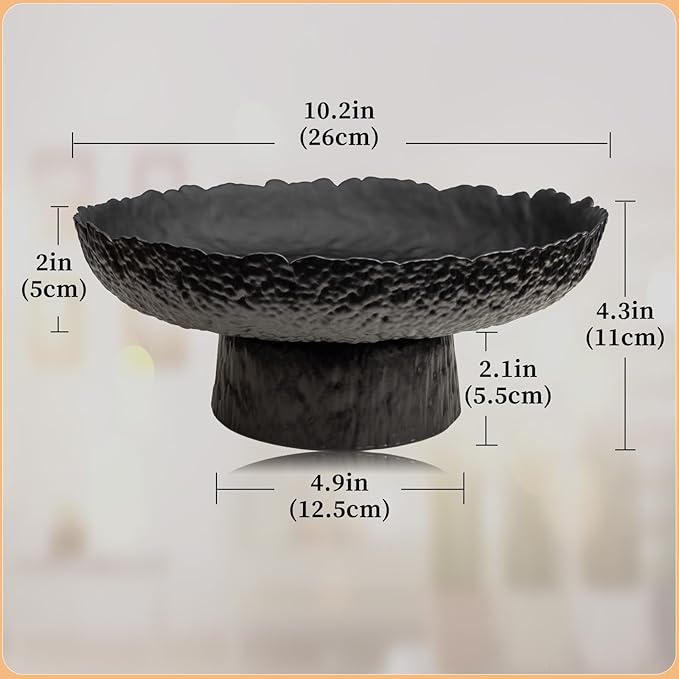 Large Glass Fruit Bowl for Kitchen Counter Decorative Centerpiece Bowl for Table Home D챕co, Black Hammered