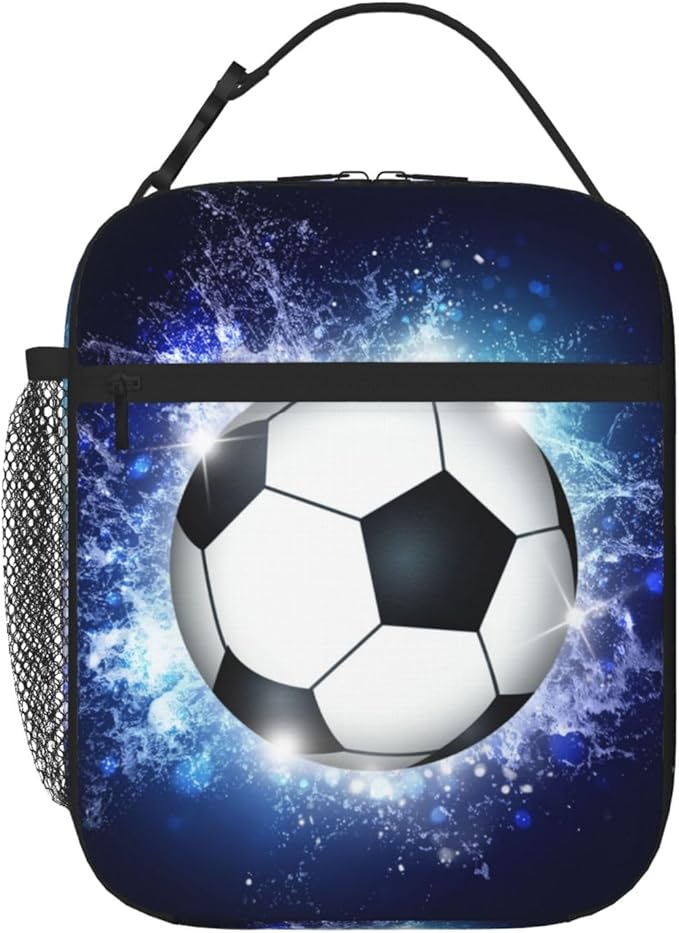 YIJIUWKIS Sports Lunch Box with Soccer Pattern Print, Blue Insulated Lunch Bag for Kids Teens Boys Girls, Reusable Lunch Bag Ice Packs Containers Tote Handbag with Water Bottle Holder and Handle