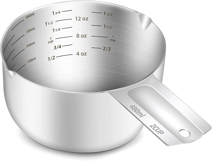 BERYLER 1PCS 2Cup (480ml, 16oz) Single Measuring Cup, Etched Inner Scale Stainless Steel Measure Scoop, Metric and US Measurement, Dishwasher Safe