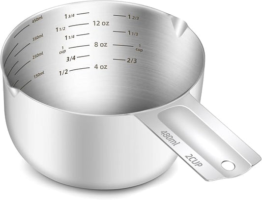 BERYLER 1PCS 2Cup (480ml, 16oz) Single Measuring Cup, Etched Inner Scale Stainless Steel Measure Scoop, Metric and US Measurement, Dishwasher Safe