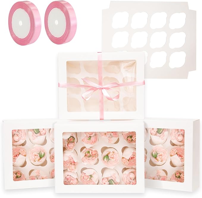 qiqee Auto-pop Up Cupcake Boxes with Window White 40PCS 12 Count Cupcake Box 13"x10"x3.5" Cupcakes Carrier, 12 Cupcake Containers with 2 rolls of pink ribbons