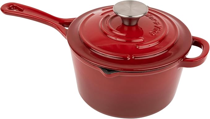 Larder & Vine Enameled Cast Iron Saucepan | 2.2 qt Sauce Pan with Lid | Saucepan with Pour Spouts | Enameled Cast Iron Pot Compatible on All Cooktops & Oven Safe to 500째 F | Cabernet